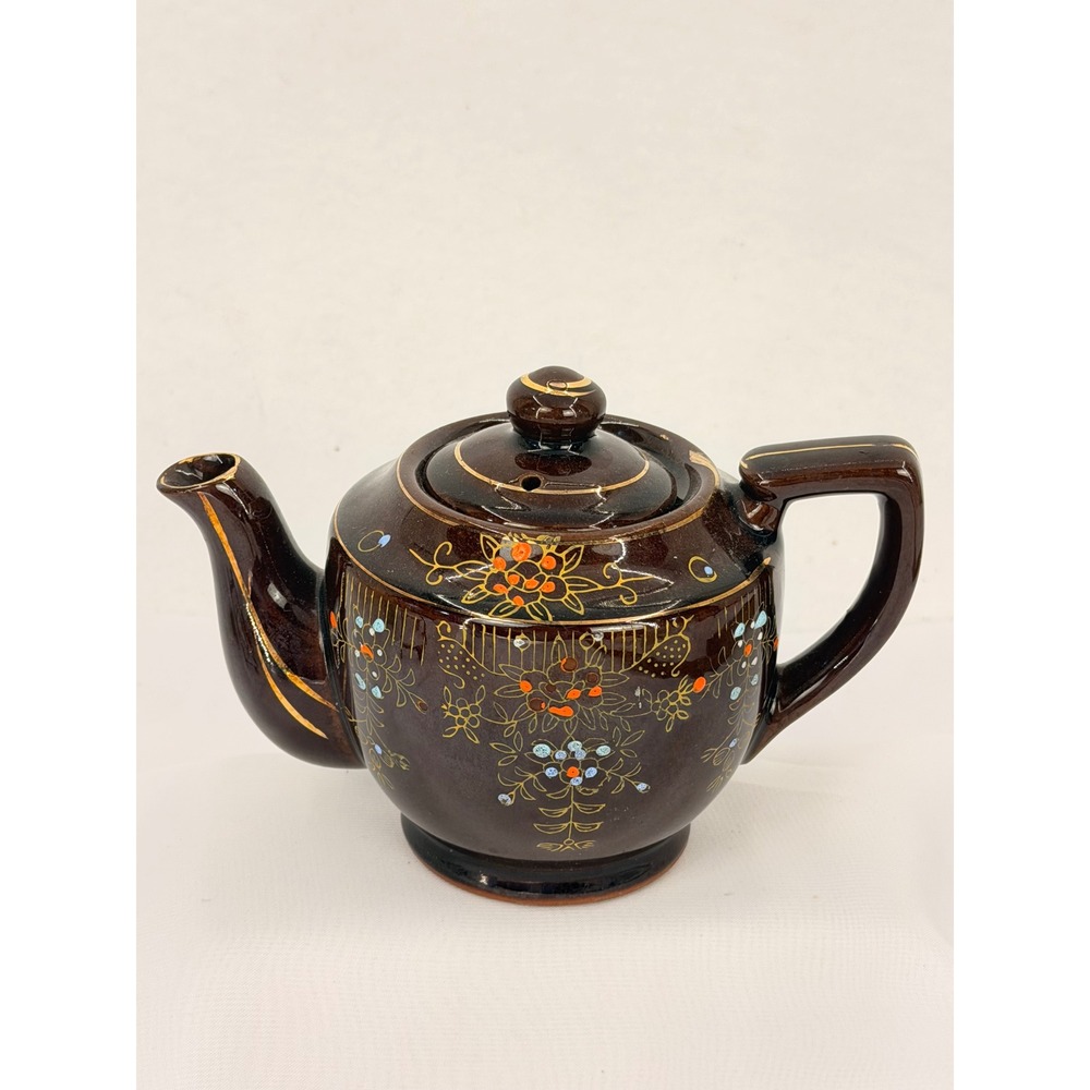 Vintage Japan Brown Betty Glazed Ceramic Teapot Hand Painted Floral Gold Gilt 5"